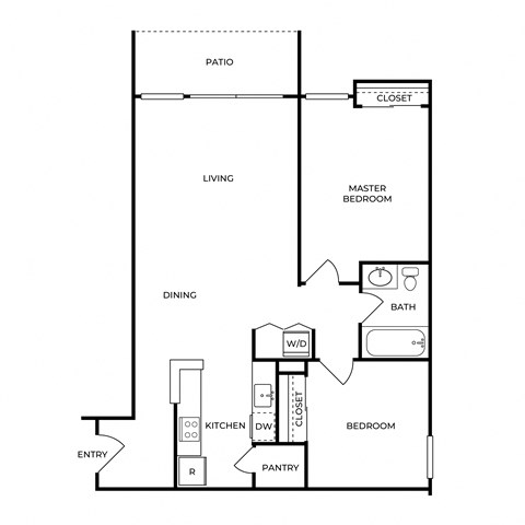 Floor plan for 2 beds, 1 bath, 825 sqft
